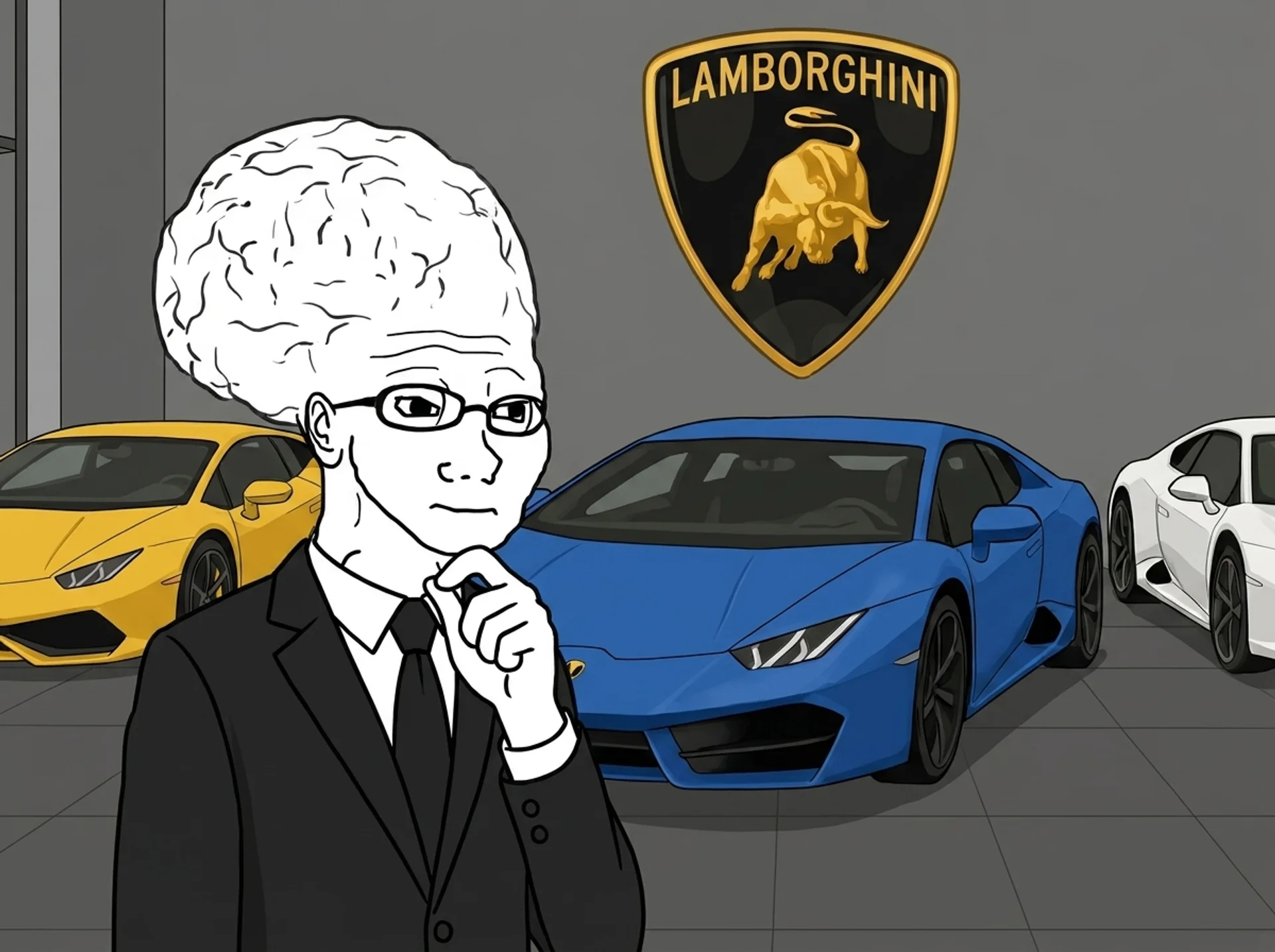 brain wojak in a lamborghini dealership